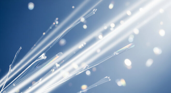 Dynamic light streaks and bokeh on a blue background, abstract digital data flow, futuristic technology concept, bright optical fiber communication, modern science and innovation backdrop
