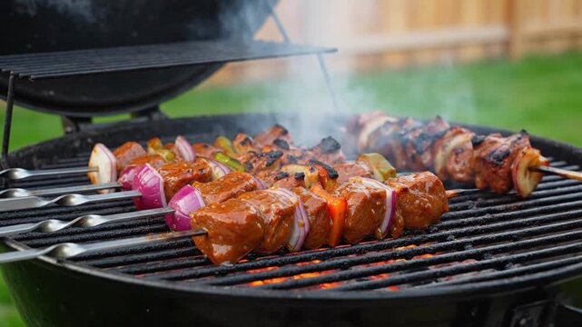 Close-up of marinated meat skewers with red onion and bell peppers grilling on a black barbecue over open flames and smoke in an outdoor backyard garden setting.