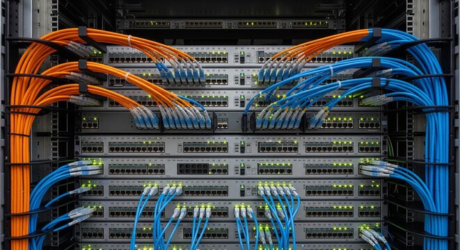 A wide front view of a large server enclosure filled with multiple network switches and neatly routed orange and blue internet cables