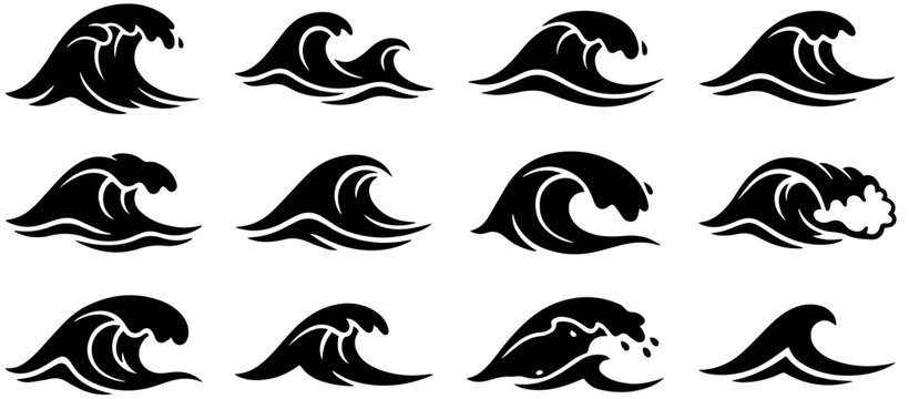 Various black ocean wave crest graphic set