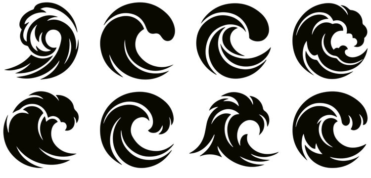 Set of curled black ocean wave icon designs