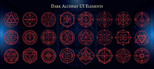 Set of Dark Fantasy Elements for user interface, poster, video. Alchemy magic HUD. Template for rpg game interface. Vector Illustration EPS10 © Oniks Astarit