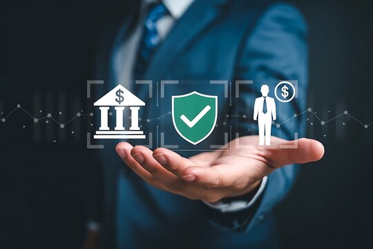 Businessman hand holding financial banking and insurance security icons