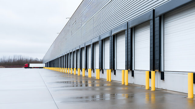 Industrial warehouse building with many loading dock doors and a truck parked outside on a wet, overcast day, showcasing logistics infrastructure