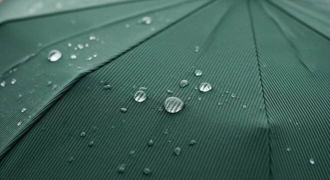 Close-up texture of a dark green fabric umbrella surface with fresh clear water drops after rain