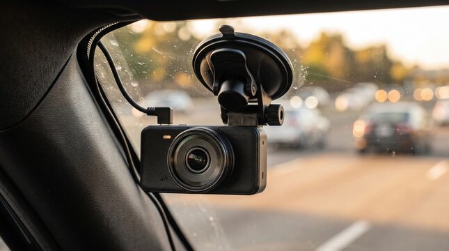 Dash camera on windshield during evening traffic