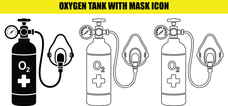 Oxygen tank with mask icon vector illustration set including black silhouette and outline variations.