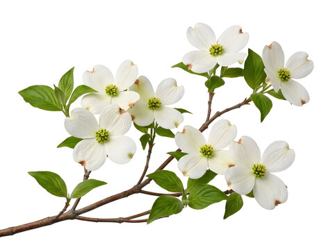 White flowering dogwood branch with green leaves on PNG and transparent background