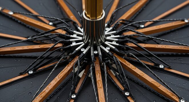 A close-up shot showing the internal mechanism of a high-quality black umbrella. The focus is on the golden metal and wooden ribs connected to the main shaft