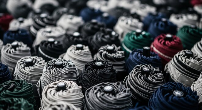 Top-down close-up view of many tightly packed folded pocket umbrellas in dark blue, black, gray, and green colors