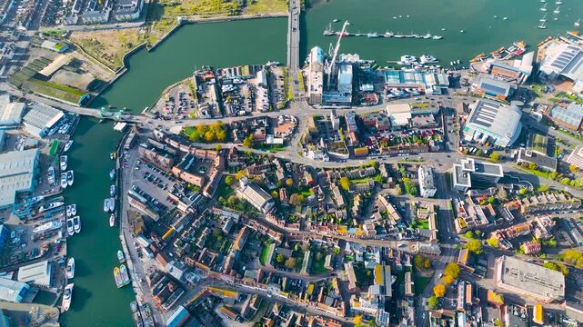 Aerial view of Poole, a coastal town in Dorset, southern England, known for its large natural harbour and sandy beaches, UK