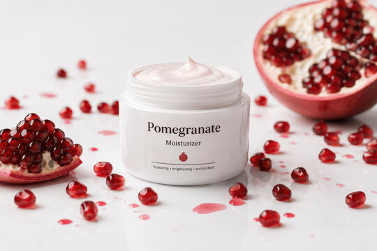 Nourishing pomegranate skincare cream displayed with fresh fruit for a natural beauty concept. Great for wellness articles, catalogs, and marketing campaigns