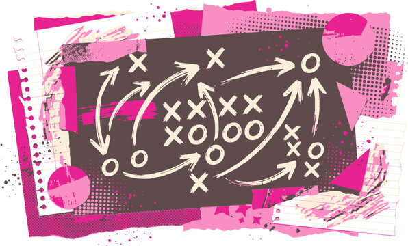 Grunge sports strategy board vector, hand drawn tactical playbook illustration, pink and black collage style game plan with arrows and icons