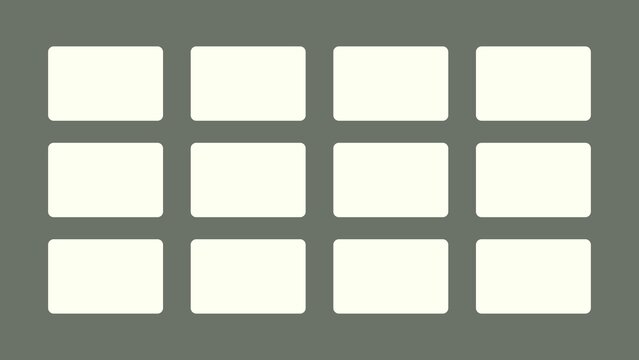 Minimalist modular grid layout presentation slide with twelve blank rounded rectangle cards over a slate grey background