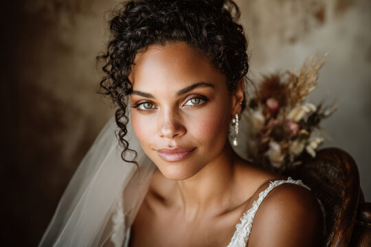 Elegant bride with glowing skin and soft curls wearing a veil in warm natural light. Perfect for wedding ads, bridal magazines, and luxury beauty campaigns.