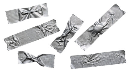 Naklejka premium Collection of torn and creased silver duct tape pieces scattered artistically on transparent background for creative design projects