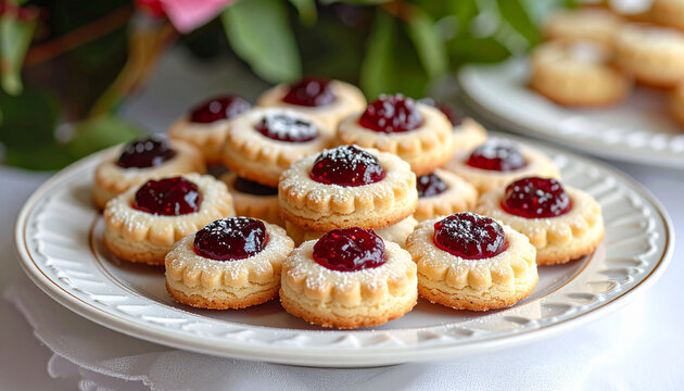 Homemade Jam Thumbprint Cookies with Powdered Sugar on White Plate