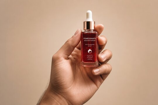 Hand holding a premium pomegranate extract serum bottle with dropper on a clean beige background. Perfect for skincare ads, ecommerce, blogs, and social media.