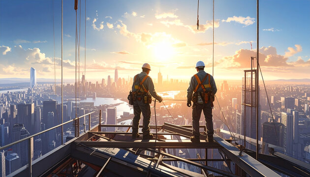 Construction workers on high rise steel frame at sunset over city