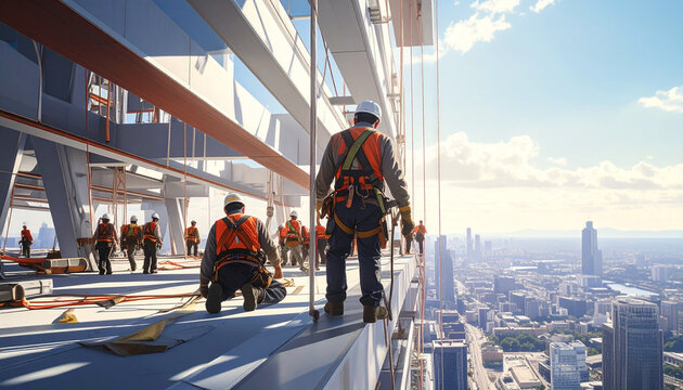 Industrial workers on high rise building construction site