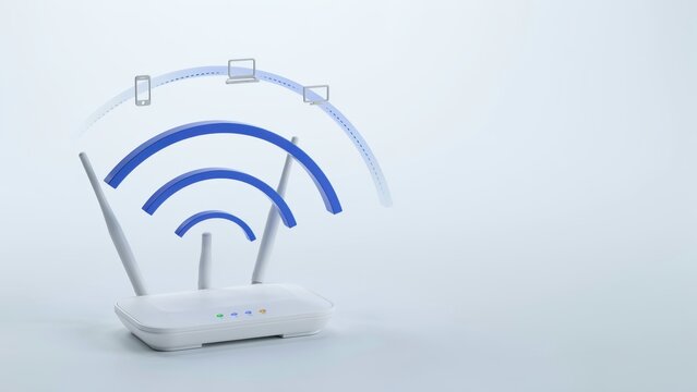Wireless wifi router with blue signal icons, high speed internet connection concept, modern network hardware for home office and business