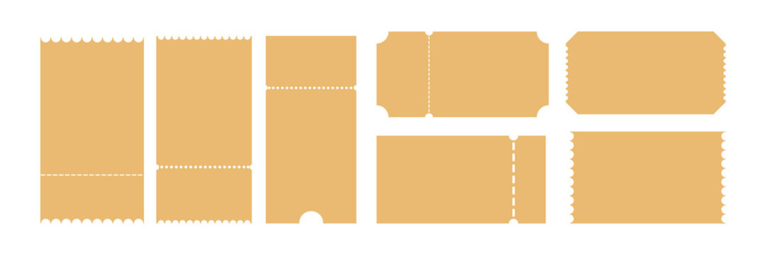 Set of blank beige paper tickets with perforated edges and various rectangular shapes for event entry isolated on a transparent background