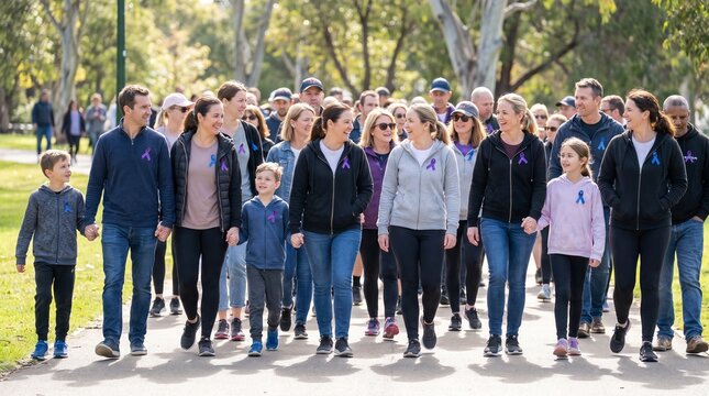 Large Group of People and Families Walking Together in a Sunny Public Park