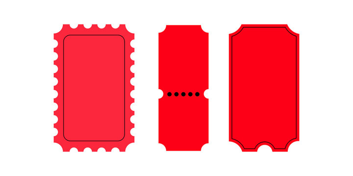 Three red blank tickets with different edge styles and perforations for events and cinema entry passes isolated on a transparent background