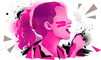 Pop art woman cheering with pink halftone effects, expressive female sports fan profile vector, energetic girl shouting with joy in urban street art style © Dr Nadeem