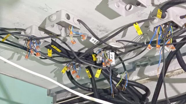 Complex electrical wiring with corrugated cable ducts and tags during network installation