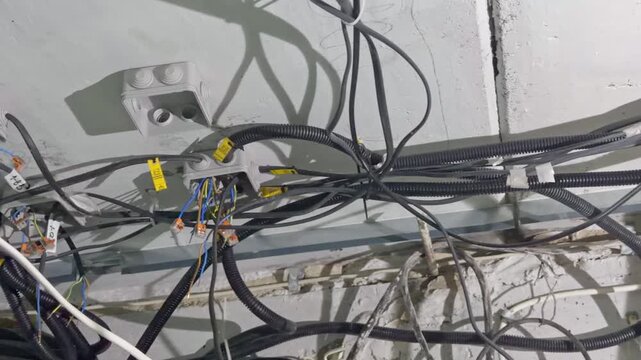 Unfinished electrical wiring with corrugated cable ducts and labeling on a concrete ceiling