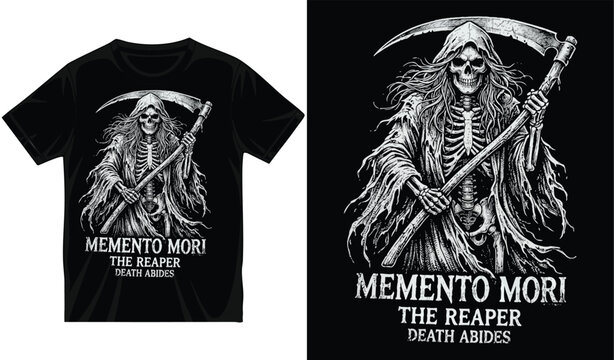 Memento mori the reaper vector illustration for gothic streetwear and tshirt design with death abides typography featuring hooded skeleton with scythe on dark background.