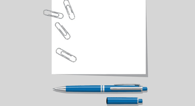 Office stationery featuring blank paper pen and paperclips.