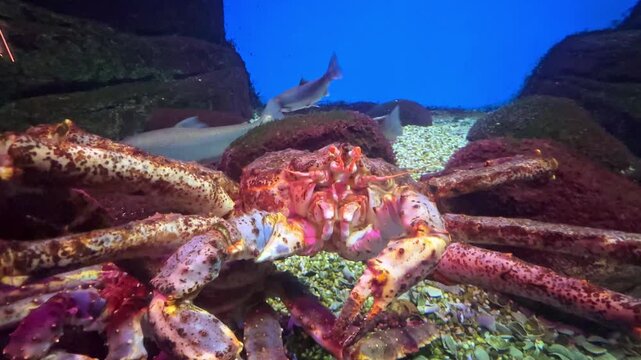 Large crab with a textured shell and prominent claws is positioned on the ocean floor, surrounded by rocks and pebbles, with a blurred fish swimming in the background of the aquarium. Footage