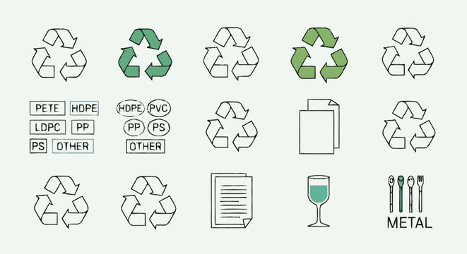 Recycling symbols and materials classification icon collection.