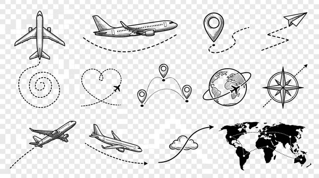 Hand drawn airplane flight path icon set, black ink sketch of plane route and map pin on white background