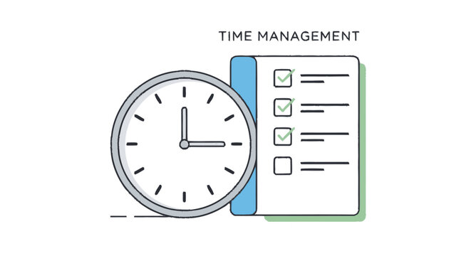 Time management illustration with large clock and checklist