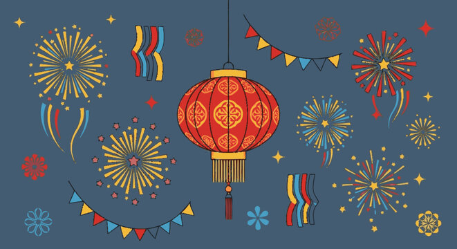 Traditional red Chinese lantern with festive fireworks display.