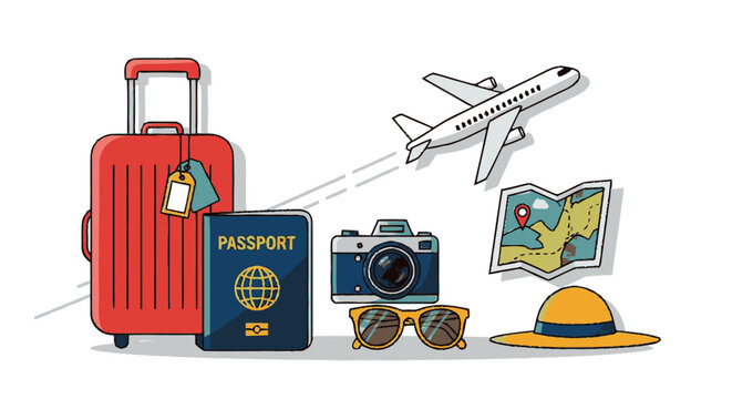 Travel accessories with suitcase passport airplane and camera.