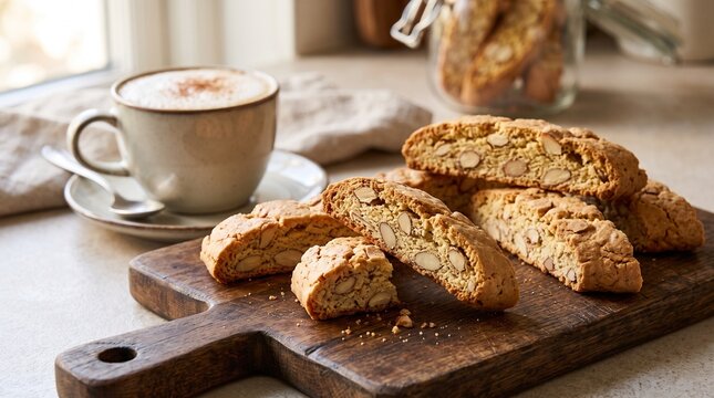 Almond biscotti cookies served with a cappuccino on a wooden board