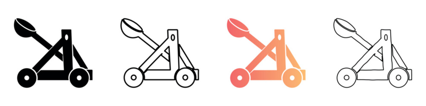 Set of four catapult icons in different styles: solid, outline, gradient, and hand drawn