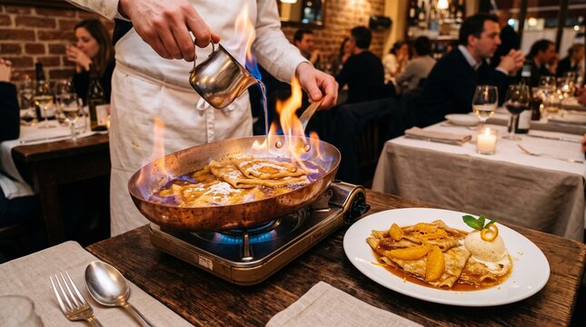 Chef flamb&eacute;ing Cr&ecirc;pes Suzette dessert with orange sauce and ice cream