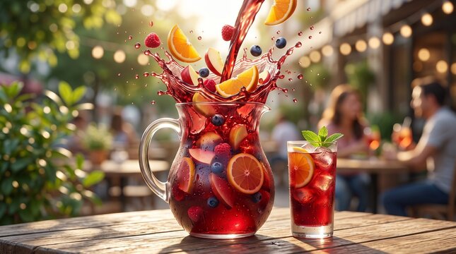 Refreshing fruit sangria pitcher and glass on a wooden table outdoors
