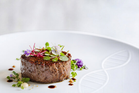 Seared cultivated meat medallion on minimalist porcelain plate with microgreens edible flowers and subtle DNA helix motif luxury sustainable protein future cuisine ethical dining