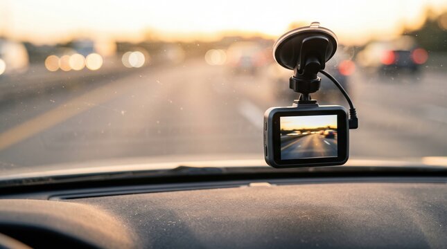 Dash camera recording highway at sunset