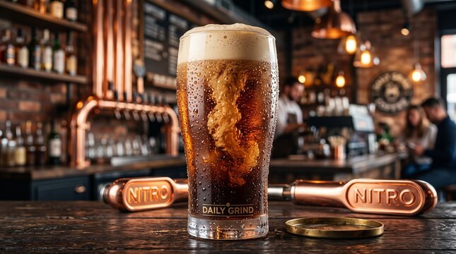 Refreshing nitro cold brew coffee cascading with creamy swirls in a glass