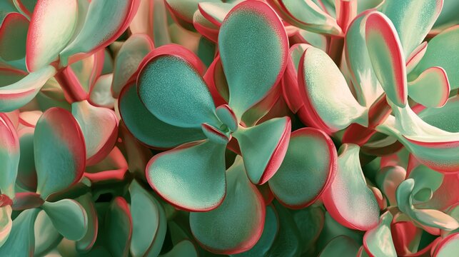 Close-up of Crassula ovata jade plant with green and red succulent leaves