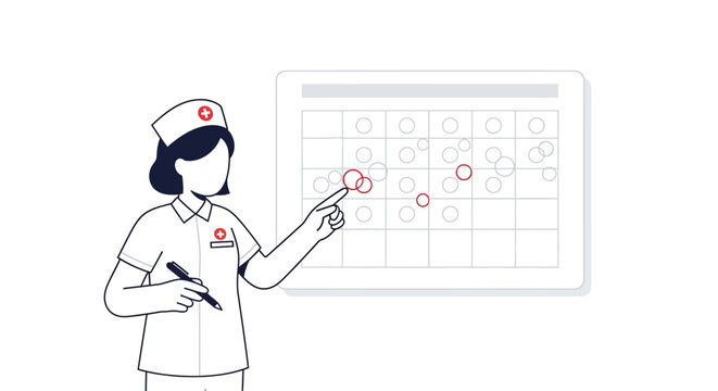 Nurse points to calendar with appointments and red circles marking important dates