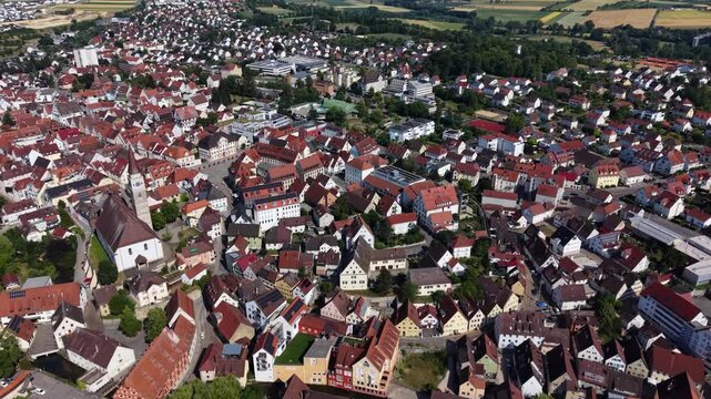 Aerial view around the old town  of the city Ehingen an der Donau in  south Germany on a sunny spring day