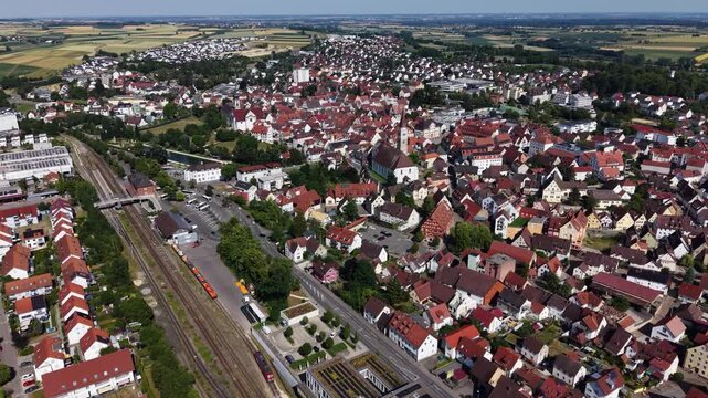 Aerial view around the old town  of the city Ehingen an der Donau in  south Germany on a sunny spring day